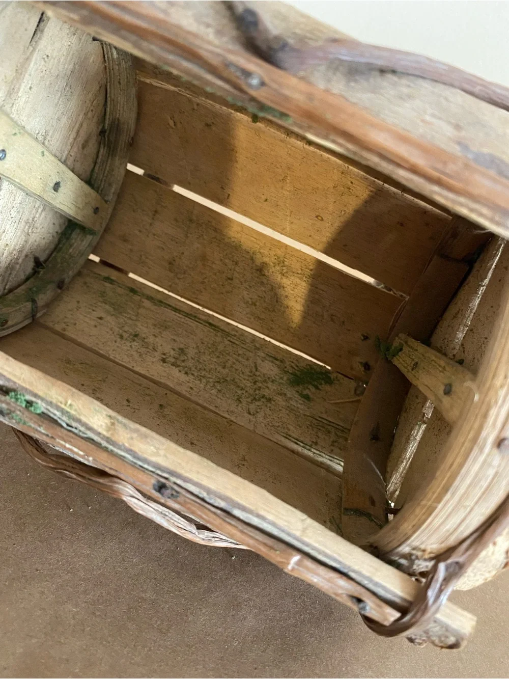 Rustic Natural Wood Handle Barrel Basket Brown with nails, vine wrapped decor